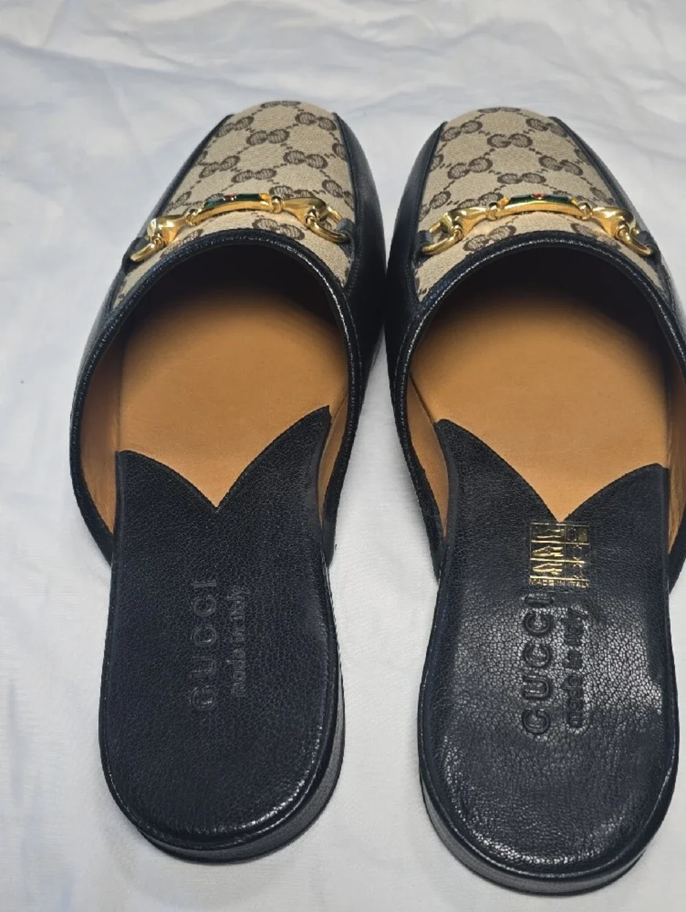Gucci Brown & Black GG Canvas Slip-On Mules with Gold Horsebit